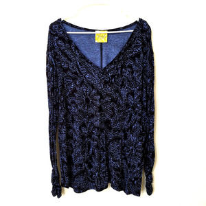 Free People Black Blue V-Neck Floral Top Women's Size Medium